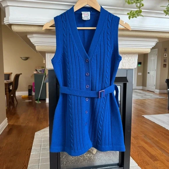 Vintage Retro Blue Cable Knit Belted Sweater Vest Wool Royal Blue - Picture 3 of 6